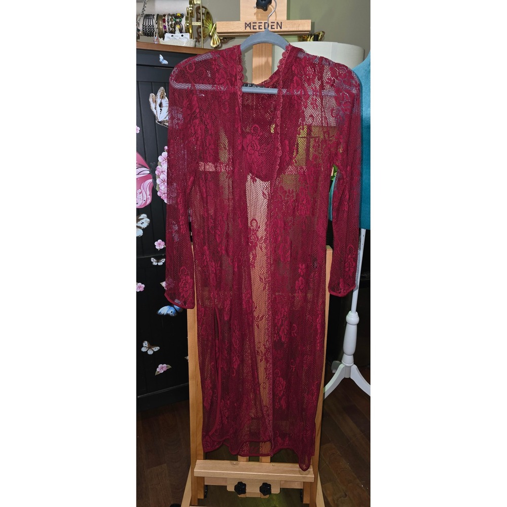 POL Burgundy Floral Lace Hooded Duster Cardigan Sheer Boho Open Front Wine Small